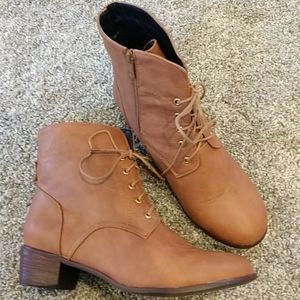 New Brown Cognac Lace Up Mid Heel Ankle Boots